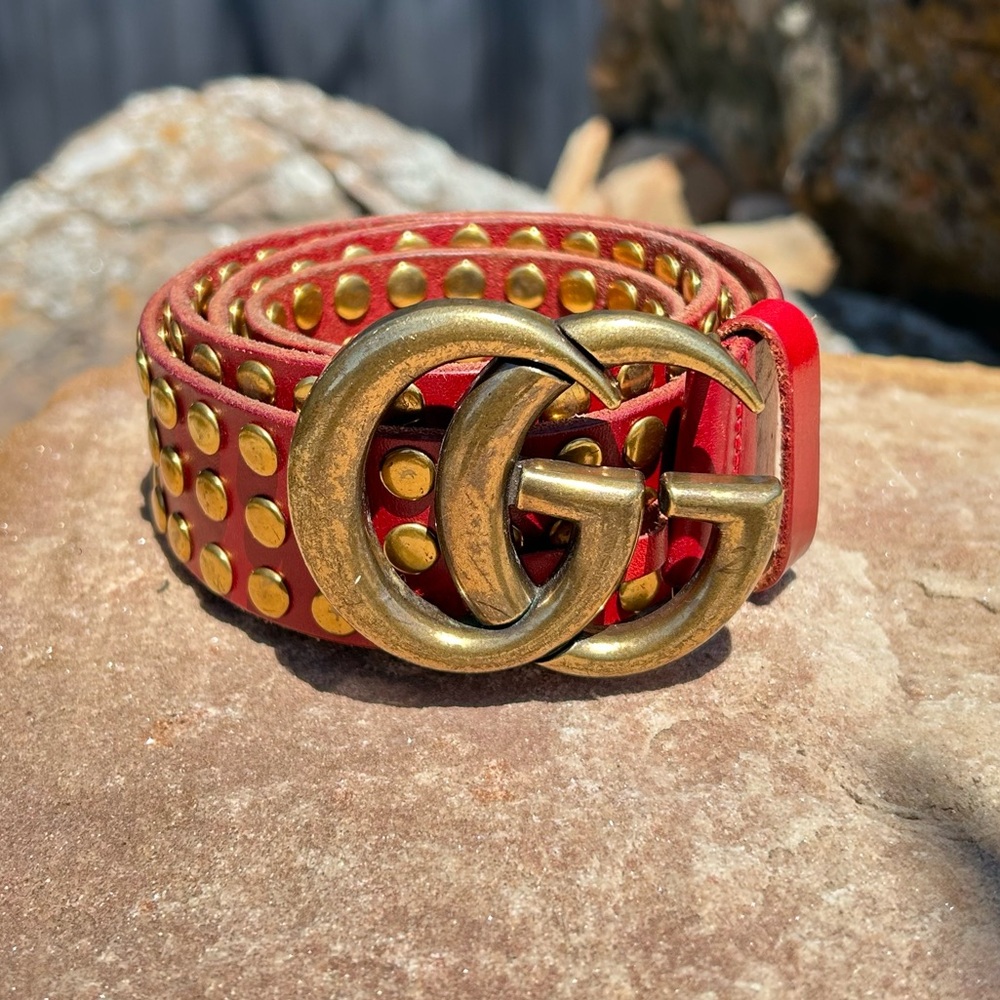RARE GUCCI MARMONT GG LOGO RED LEATHER STUDDED BELT - Picture 6 of 11